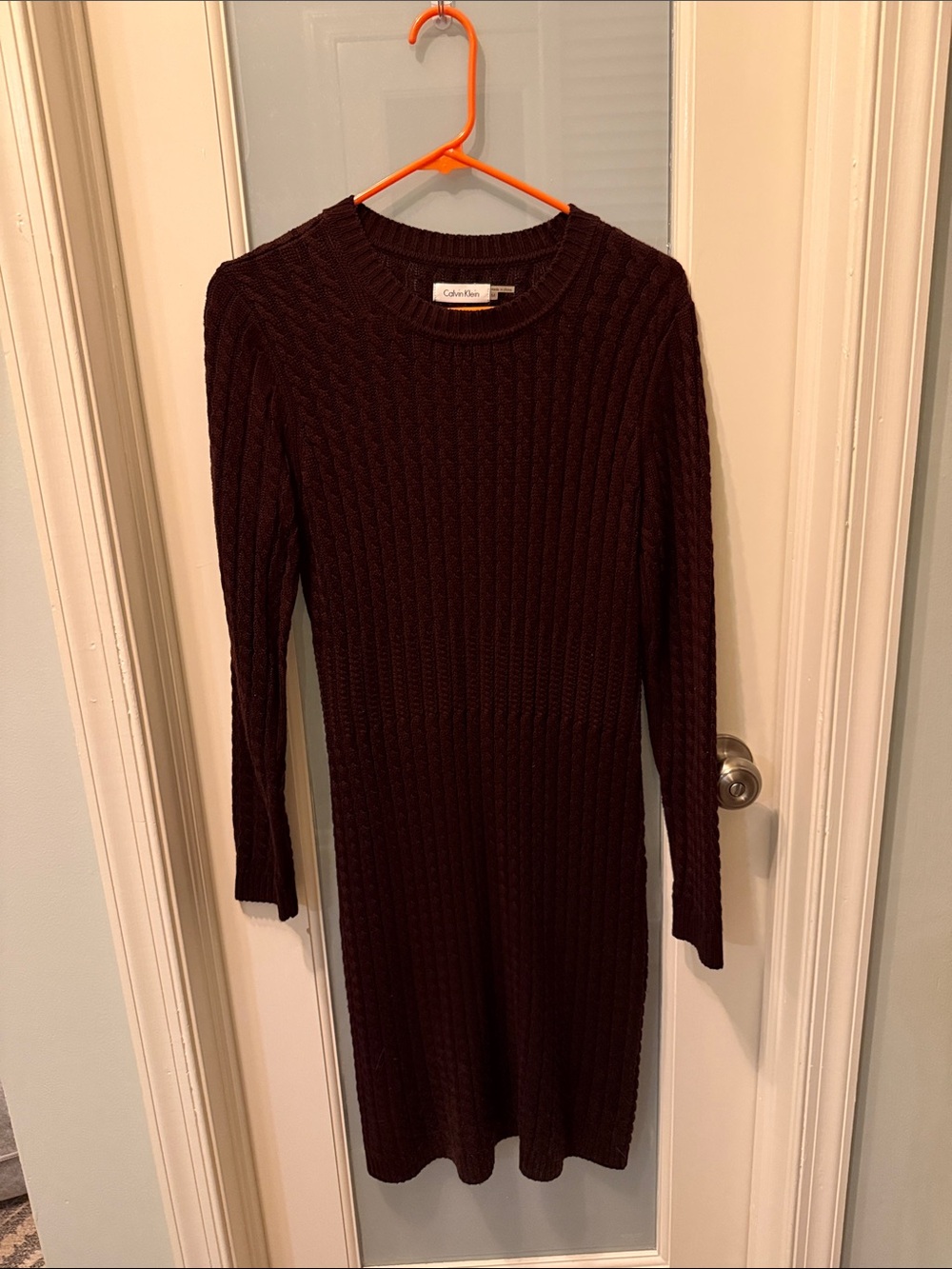 Calvin Klein Long-Sleeve Cable Knit Dress in Deep Burgundy